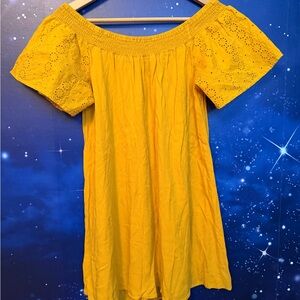 Love, Fire Mustard Smocked Off the Shoulder Dress